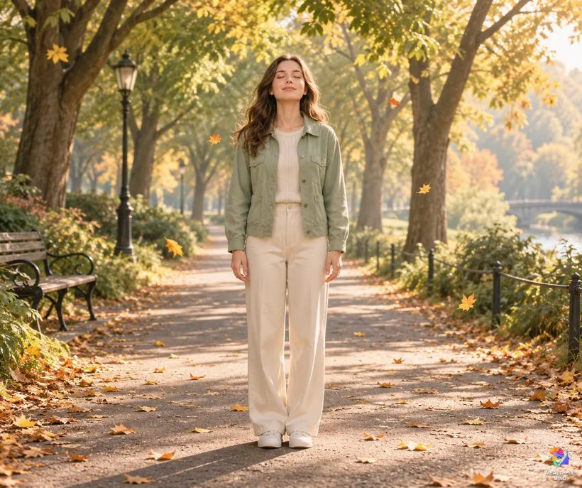 Ringing in both ears spiritual meaning: a young woman pausing on a park path, eyes closed, taking a calm breath