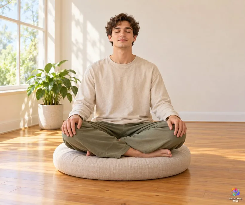 Ringing in ears during meditation: a young man meditating calmly on a cushion in a bright, simple room