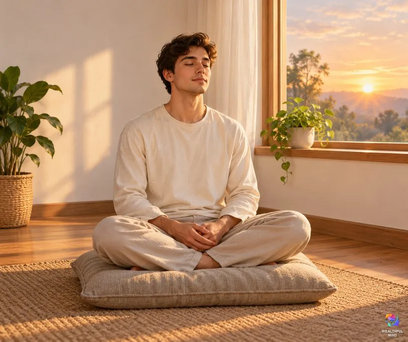 Ringing in the left ear while praying: a young man sitting in quiet prayer by a window at dawn