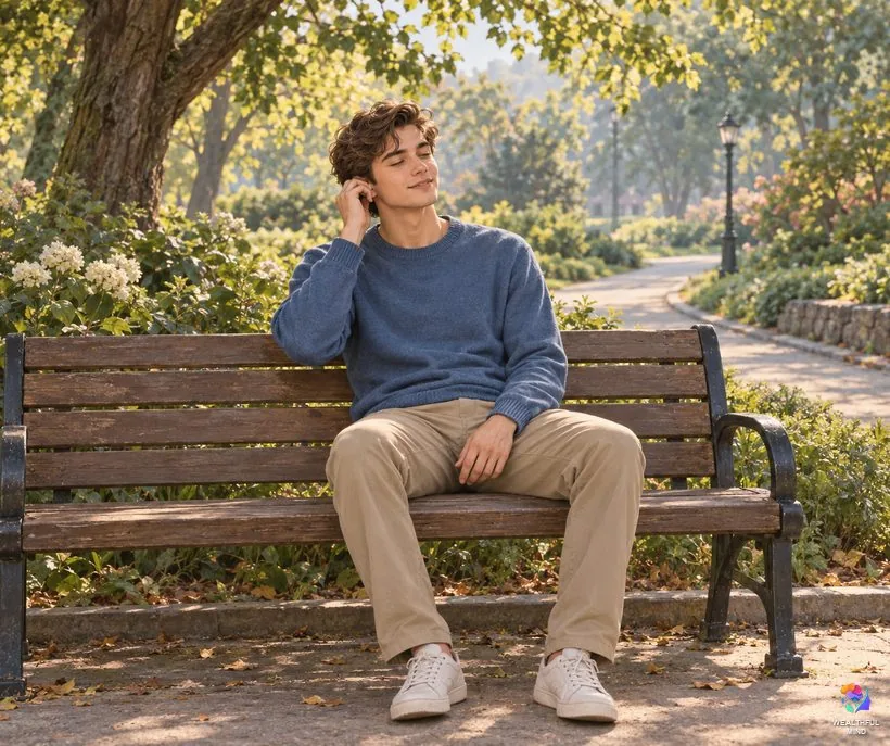 Ringing in one ear: a young man on a park bench with a hand resting lightly near his ear, calm in morning light