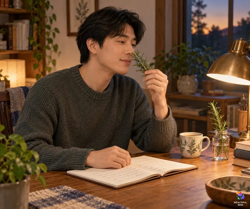 Rosemary for focus and memory: a young man smelling a fresh rosemary sprig at his study desk before an exam