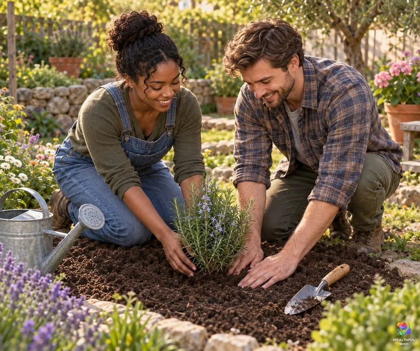 Rosemary for love and loyalty: a young couple planting a rosemary bush together in their garden