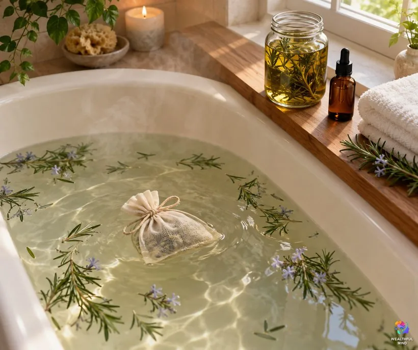 Rosemary oil spiritual uses: a jar of rosemary infused oil and a muslin bag of rosemary ready for a spiritual bath