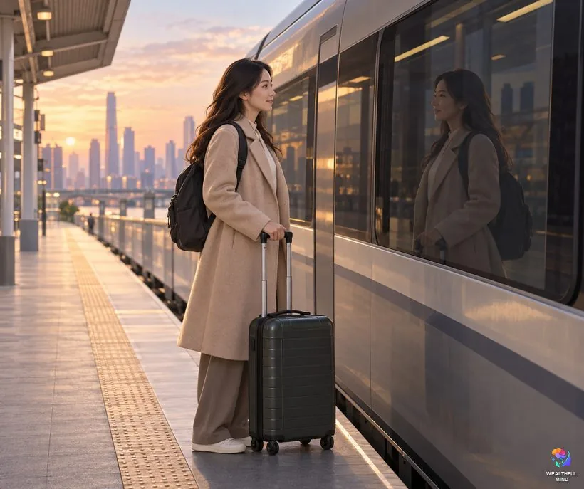 Can you run away and start over: a young woman with a suitcase looking at her reflection in a train window