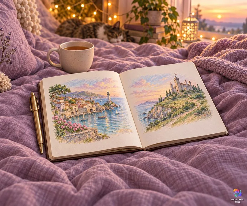 Scripting a desired reality in a notebook on a cosy bed