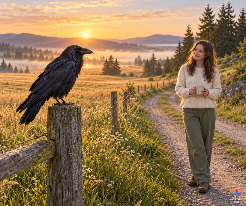 What it means when you see a raven: a young woman smiling at a black raven on a fence post at sunrise
