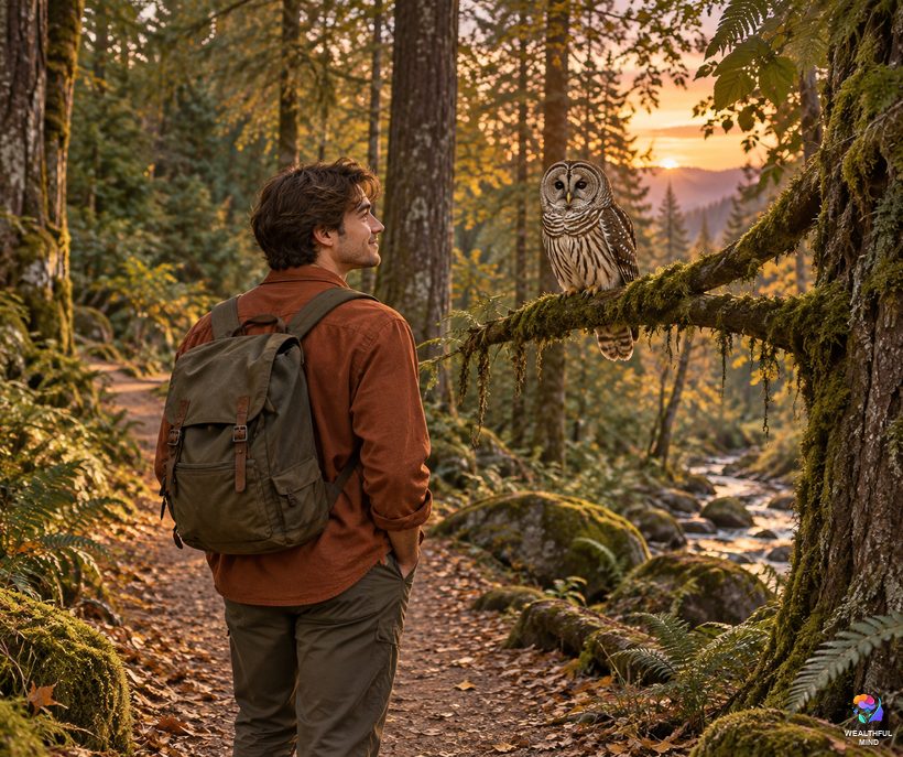 What it means when you see an owl: a young man on a forest trail looking up at a barred owl at dusk