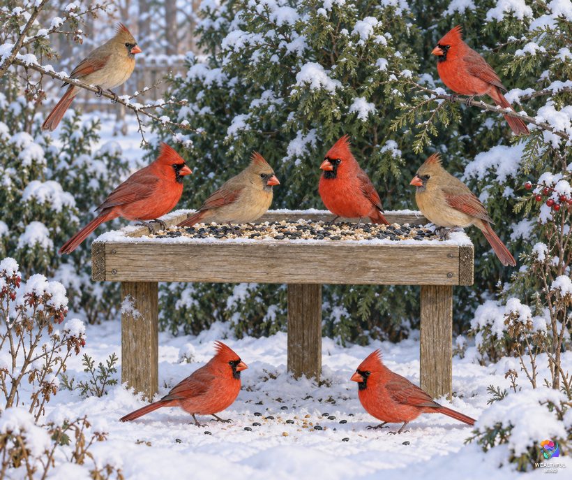 Seeing cardinals every day: a small flock of red and brown cardinals around a feeder in a snowy yard