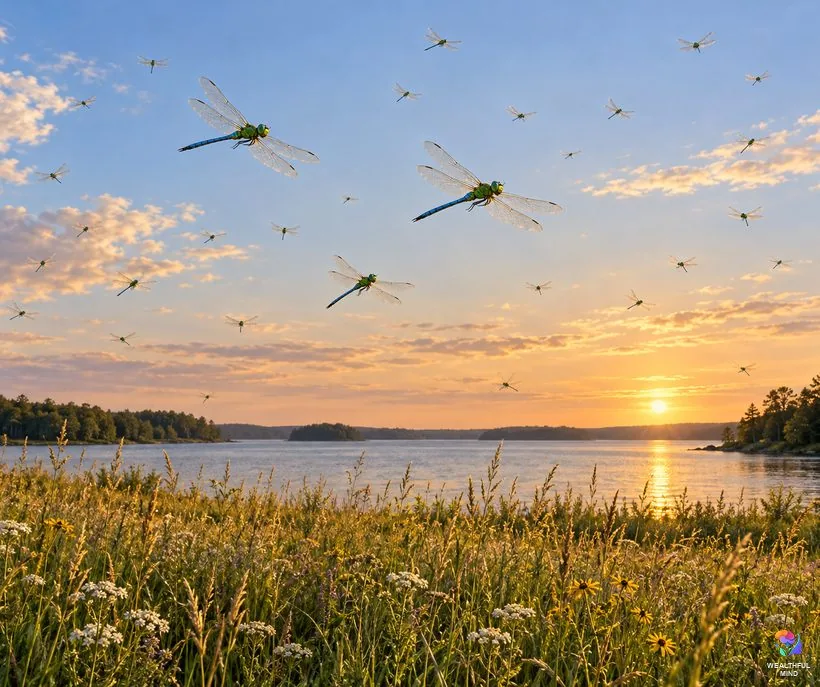 Seeing dragonflies everywhere: many green darner dragonflies flying over a lakeside meadow at golden hour