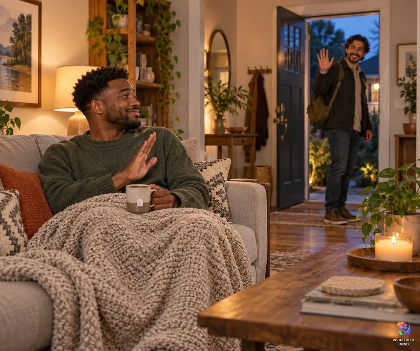Selfish or self-care: a young man resting at home kindly saying no to a friend at the door