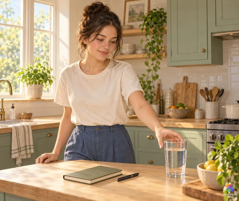 Setting an intention for shifting: a young woman practicing a small daily intention by picking up a glass of water