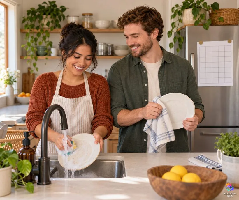 A shadow work example: two flatmates washing dishes together after talking about a shared cleaning plan