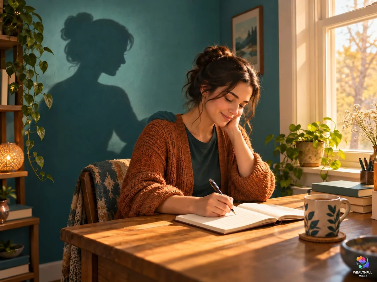 Shadow work questions: a young woman journaling while her shadow sits beside her like a calm friend