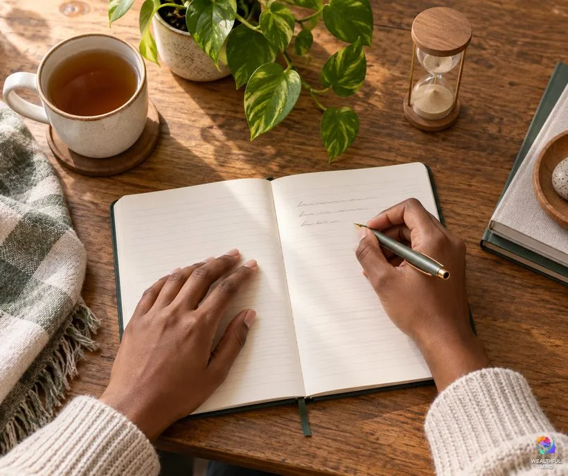 Shadow work questions for beginners: a young woman writing in a notebook beside a cup of tea and a small hourglass