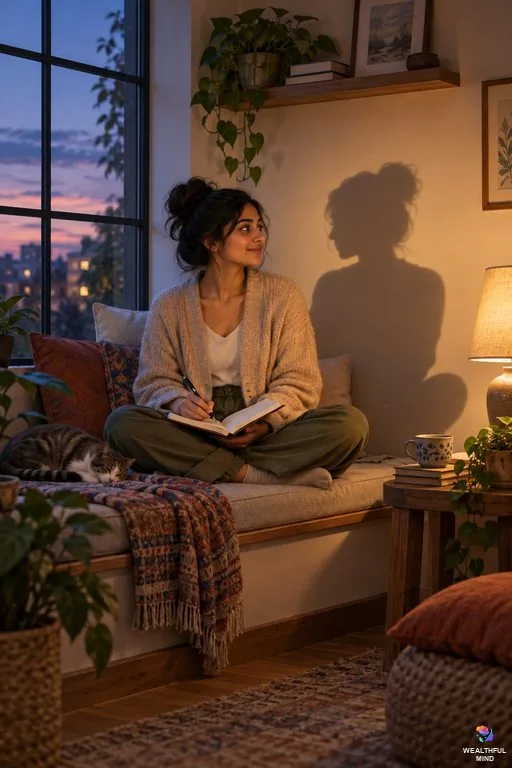 Shadow work questions: a young woman journaling by a window as her shadow on the wall sits beside her like a calm companion