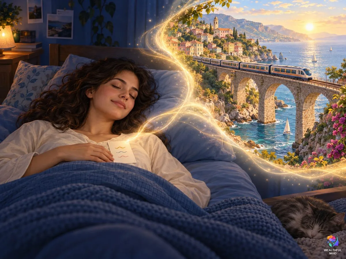 Shifting affirmations: a young woman asleep with her affirmation card as light opens onto her desired reality