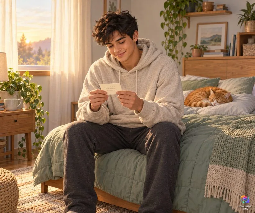 When shifting affirmations don't seem to work: a young man reading his affirmation card in the morning with a patient smile