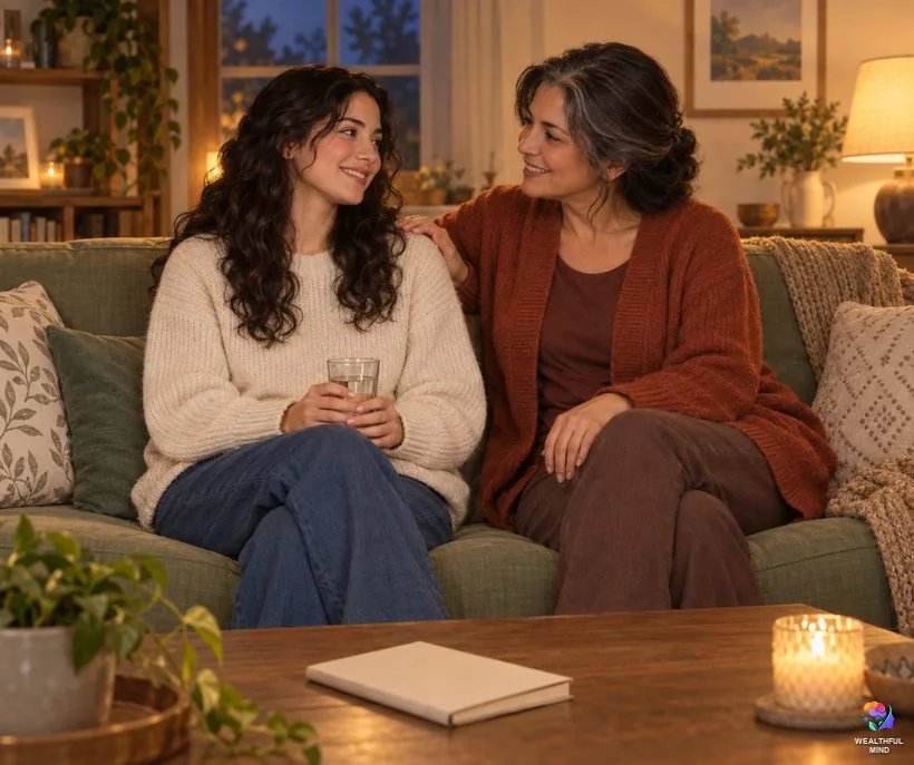 Using shifting affirmations safely: a young woman taking a break with a glass of water and talking with her mother
