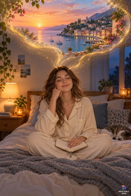Shifting affirmations: a young woman on her bed with her eyes closed, repeating lines from her notebook as light opens onto her desired reality