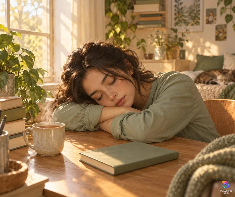 Shifting burnout: a tired young woman resting her head on her arms at a sunny desk beside a closed notebook
