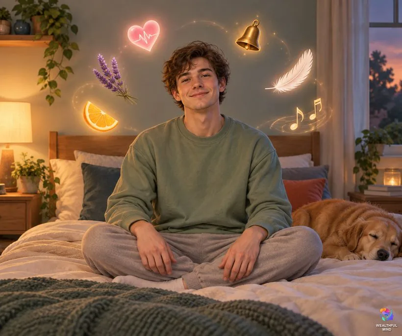 Shifting methods that suit an ADHD brain: a young man surrounded by glowing symbols for sound, senses and heartbeat methods