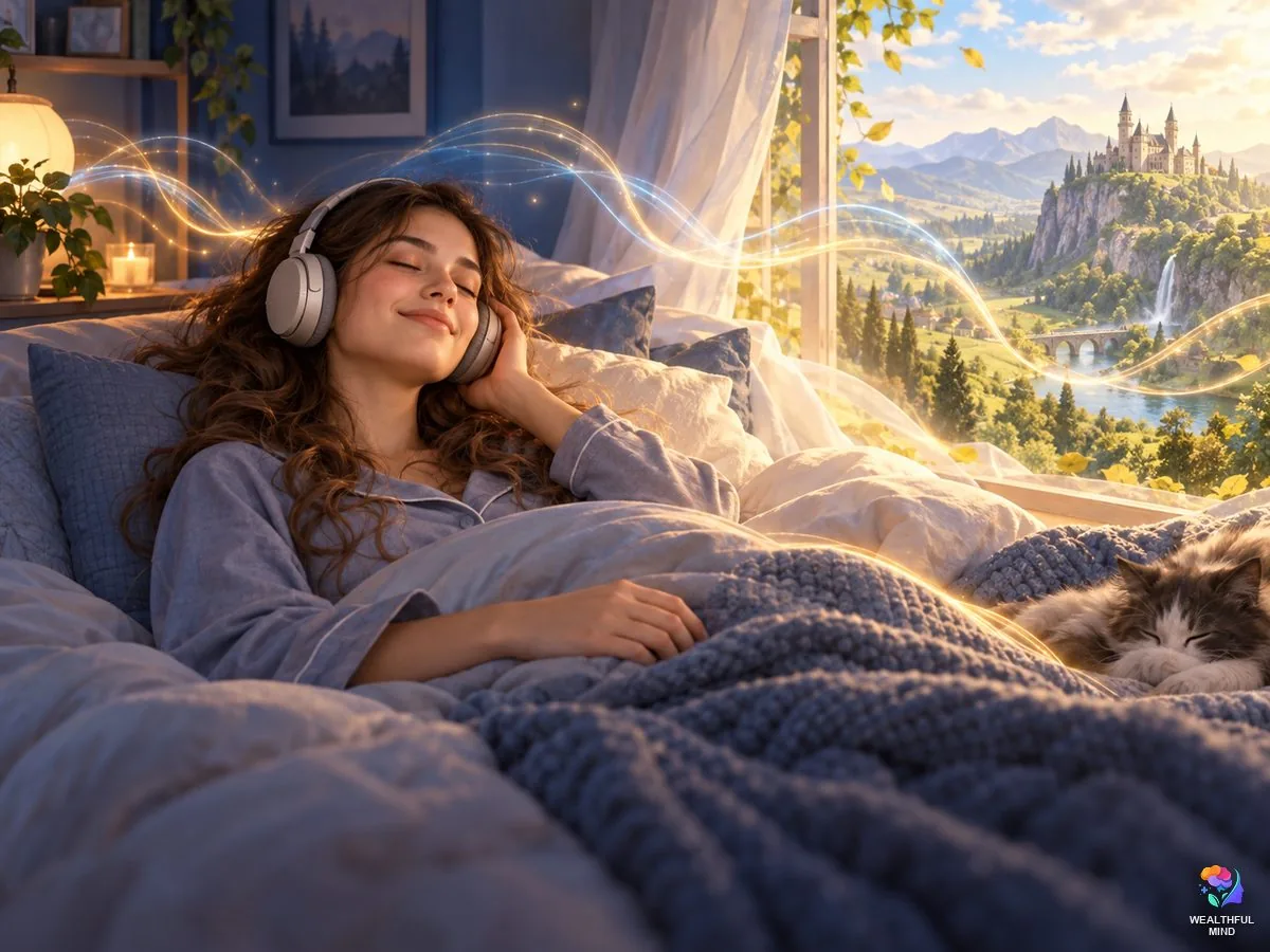 Shifting methods without visualization: a young woman in bed with headphones as sound and feeling open a window to her desired reality