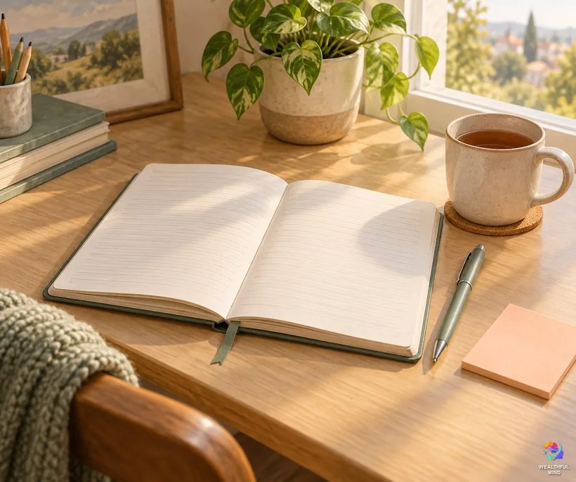Shifting safe word: an open notebook, a pen and a blank sticky note on a desk by the window
