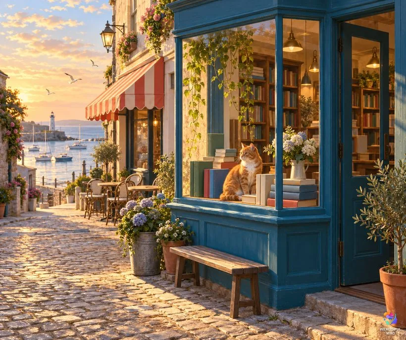 Shifting script example: a seaside bookshop with a ginger cat in the window, the desired reality in our filled-in script