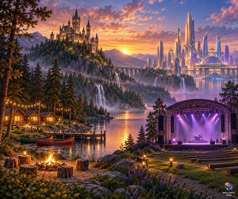 Shifting script ideas: a magic castle, a hero city, a concert stage and a summer camp blending into one dream sky