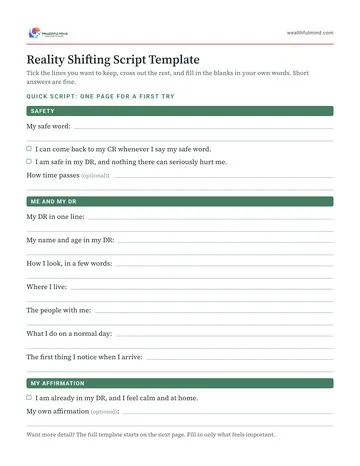 Free printable shifting script template PDF, page one: the one-page quick script with lines to write on