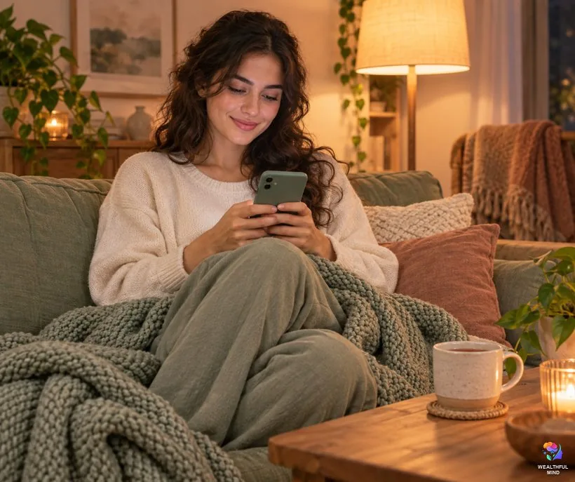 Shifting symbol copy and paste: a young woman smiling as she types on her phone on the sofa