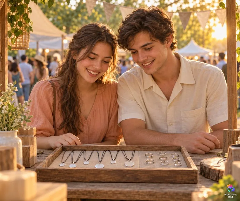 Symbols mistaken for the shifting symbol: two young friends looking at round silver pendants at a festival stall
