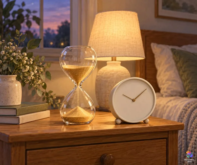 Shifting time ratio: an hourglass next to a simple bedside clock on a nightstand