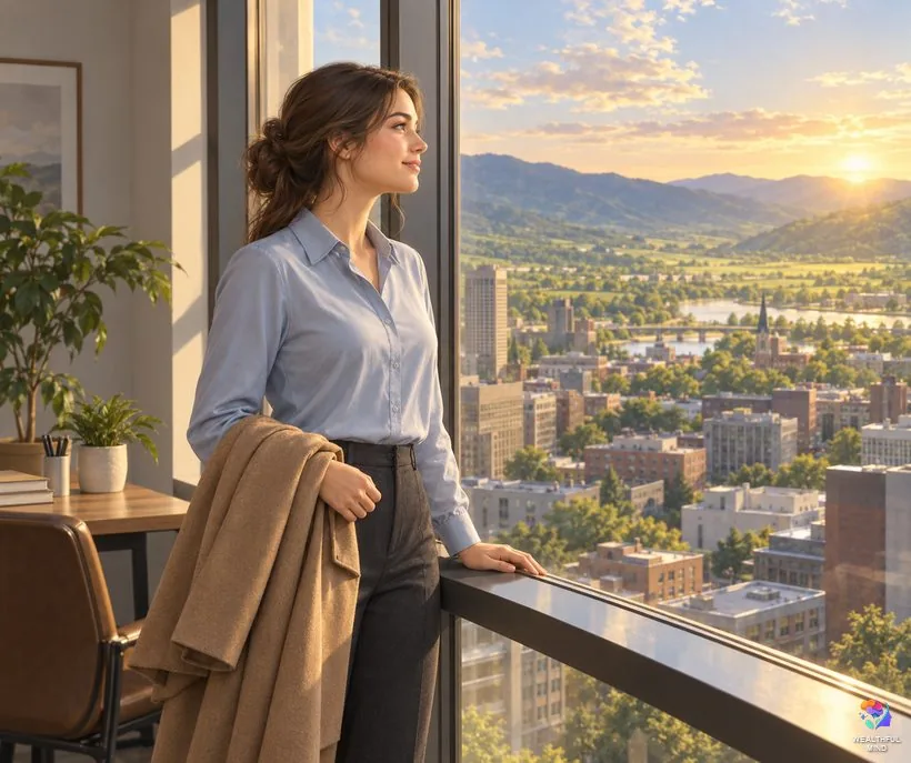 Shifting to escape adult life: a young woman at an office window looking out at a sunny green valley