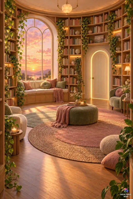 Shifting waiting room ideas: a round room with a cushioned window seat, bookshelves, plants and a glowing arched door
