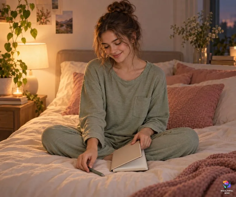 Shifting without a method: a young woman closing a blank notebook and setting her pen aside on the bed