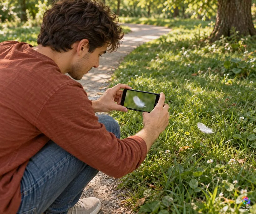 Should you keep a feather you find: a young man photographing a white feather in the grass instead of picking it up