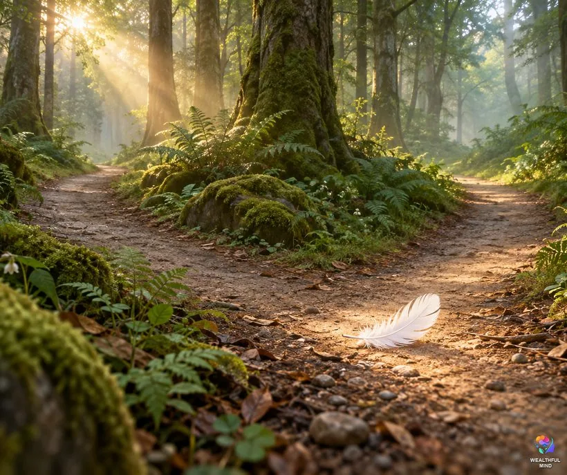 Sign or coincidence: a white feather lit by morning light on one of two forest paths