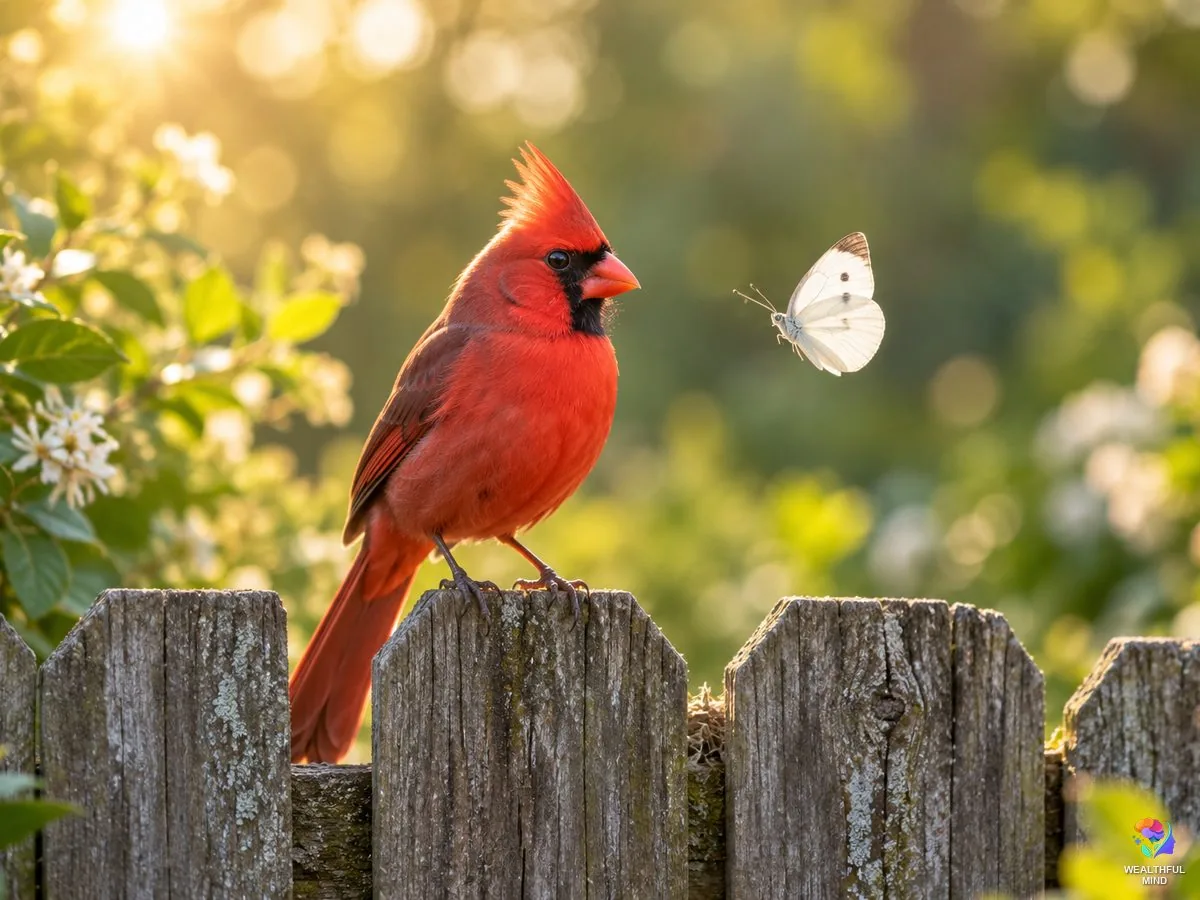 Signs from the universe: a red cardinal on a weathered wooden fence with a white butterfly in soft morning light