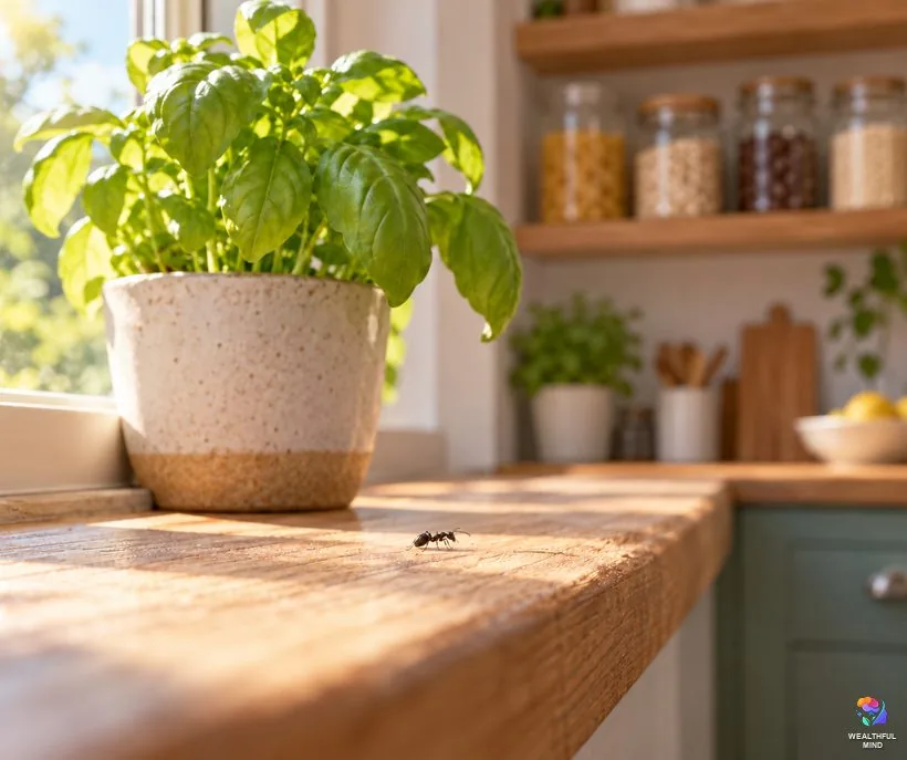 Sign or pests: a single black ant walking along a sunny kitchen windowsill beside a potted basil plant