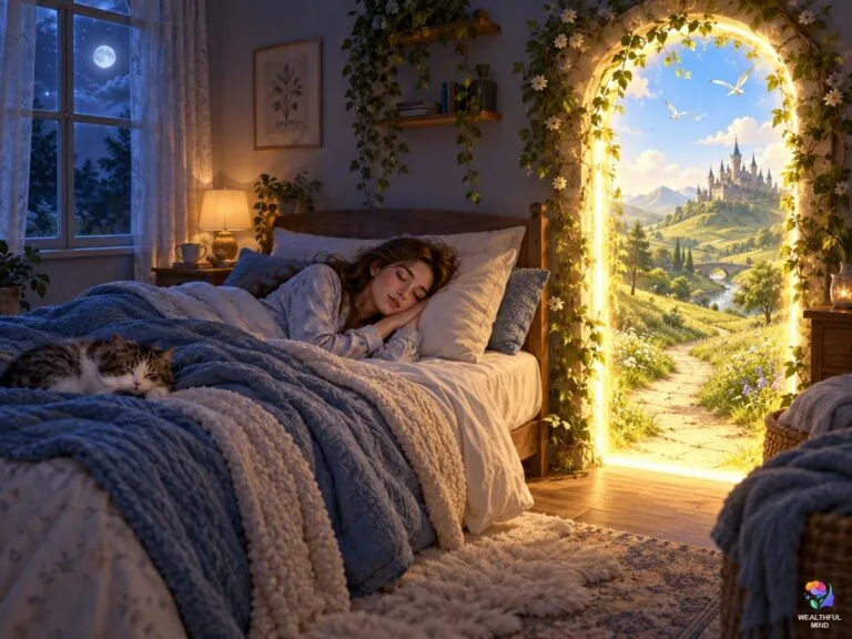 Sleep shifting methods: a young woman asleep at night beside a glowing doorway to a sunny fantasy world