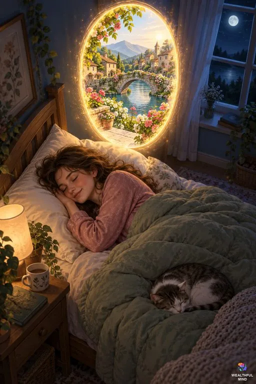 Sleep shifting methods: a young woman asleep on her side at night as a glowing doorway above her bed opens onto her desired reality