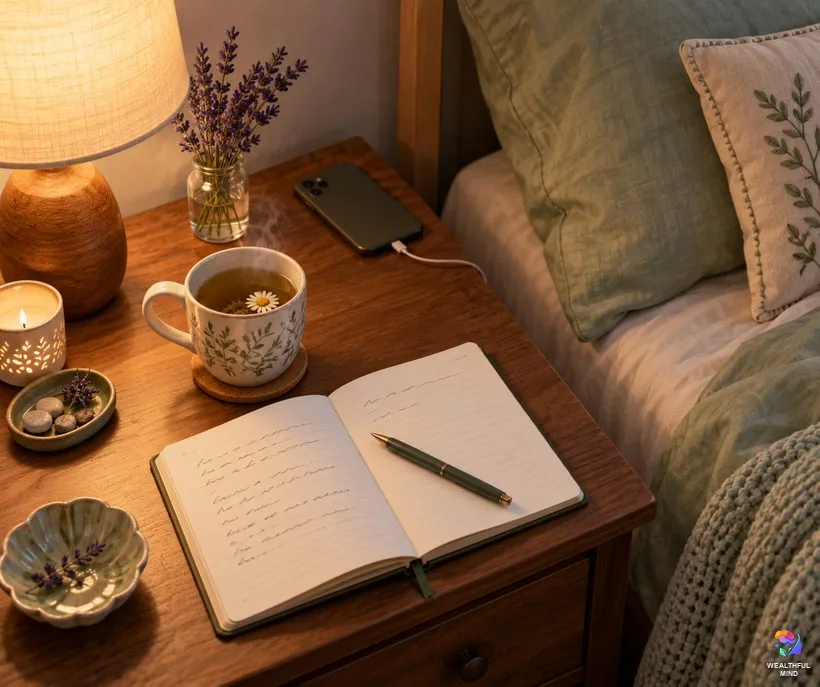 A simple sleep shifting routine for tonight: herbal tea, a short script in a notebook and a phone put away beside the bed
