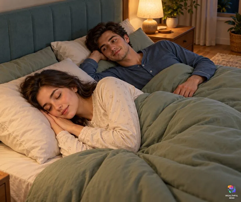 Sleep talking and acting out dreams: a young couple in a calm bedroom, one asleep and one awake listening