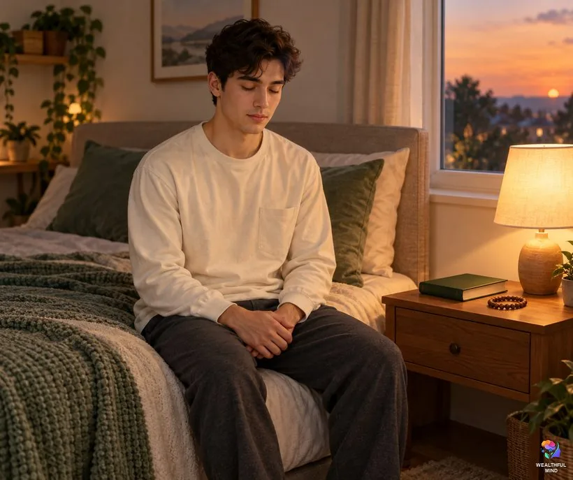 Sleep talking meaning in faith: a young man saying a quiet bedtime prayer beside a lamp, a book and prayer beads