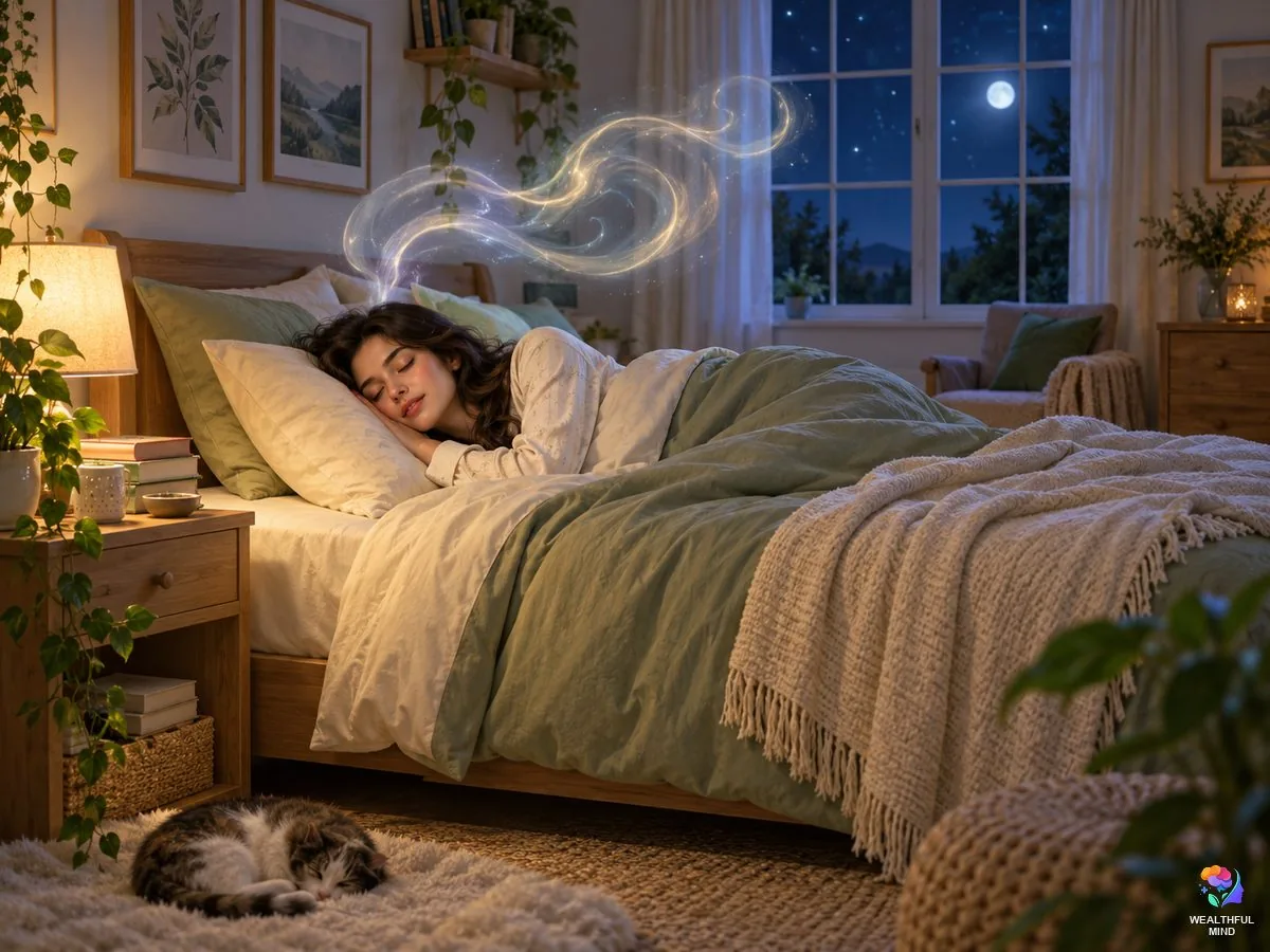 Sleep talking spiritual meaning: a young woman murmuring in her sleep under soft light in a moonlit room