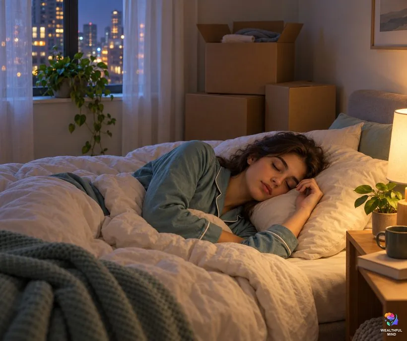 Sleep talking that started suddenly: a young woman asleep in a new apartment with moving boxes by the wall