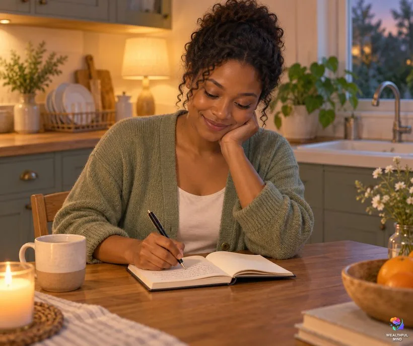 Counting small wins while starting over: a young woman noting the week's progress in a notebook at her kitchen table
