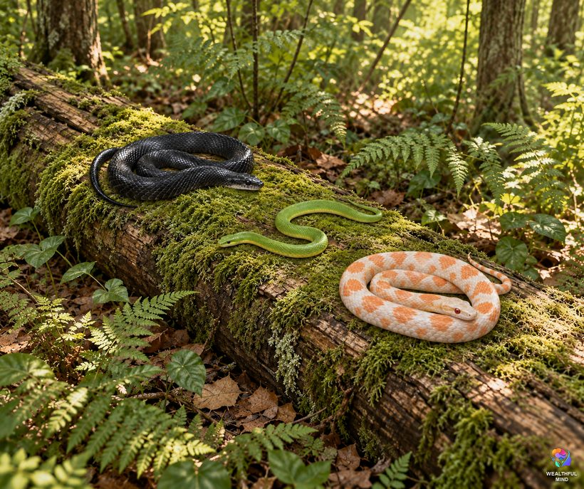 Snake colors in dreams: a black rat snake, a green snake and a white corn snake resting together on a mossy log