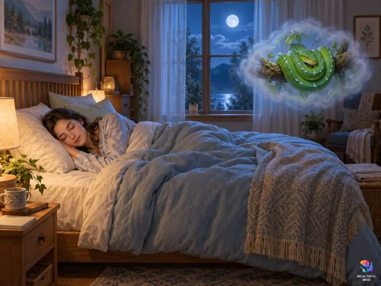 Snake dream meaning: a calm moonlit bedroom with a soft dream image of a green tree python above the bed